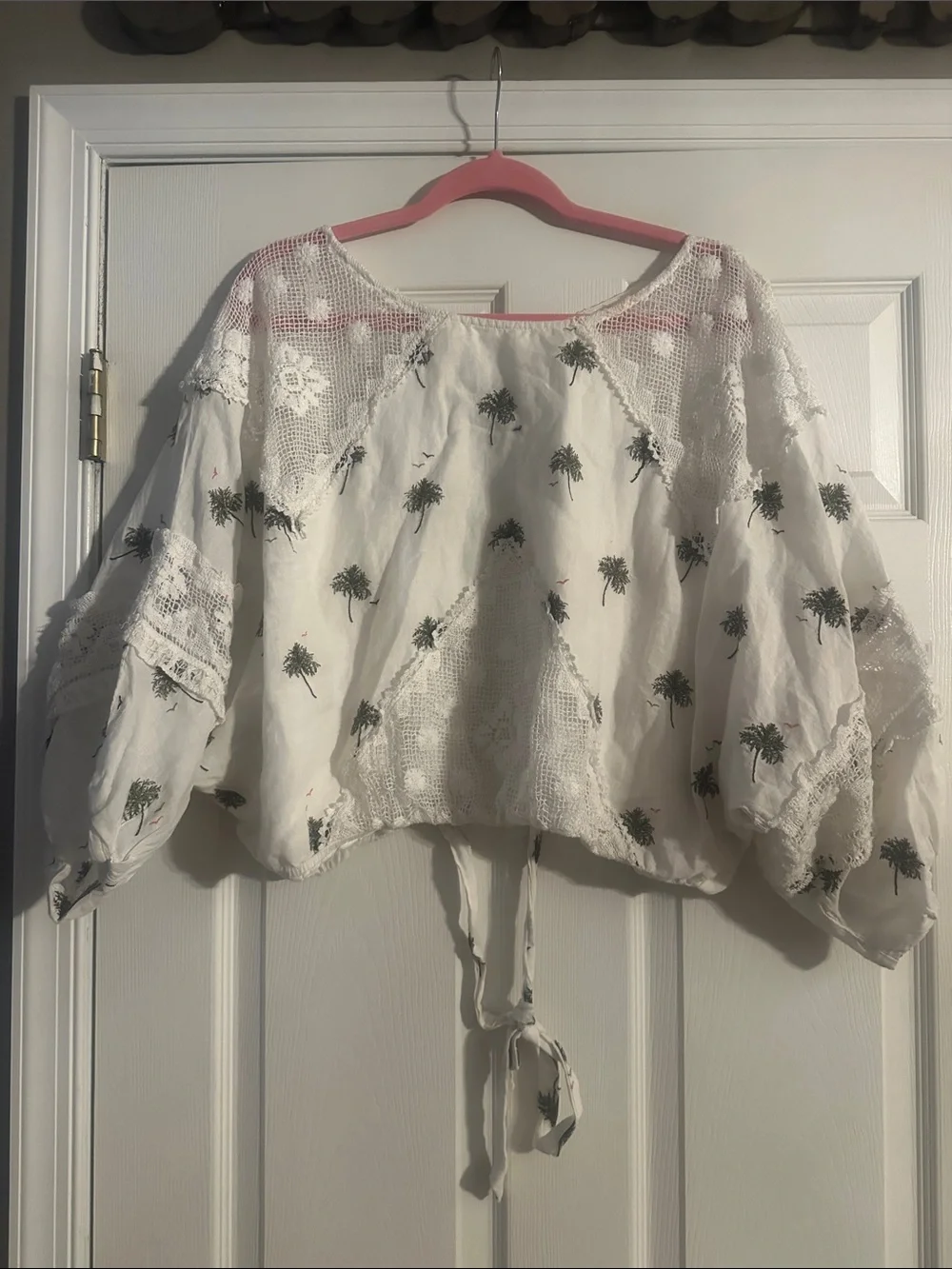 Free People White Cropped Boho Blouse with Green Palm Embroidery